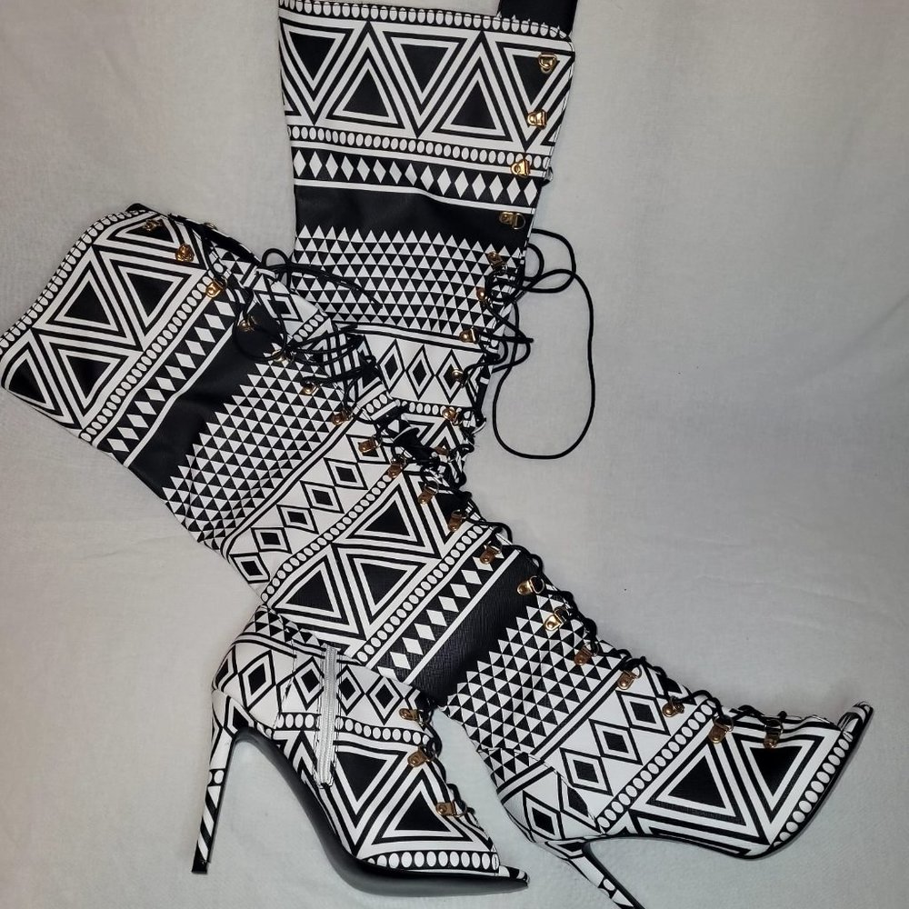Tribal Print Open Toe Thigh High Boots